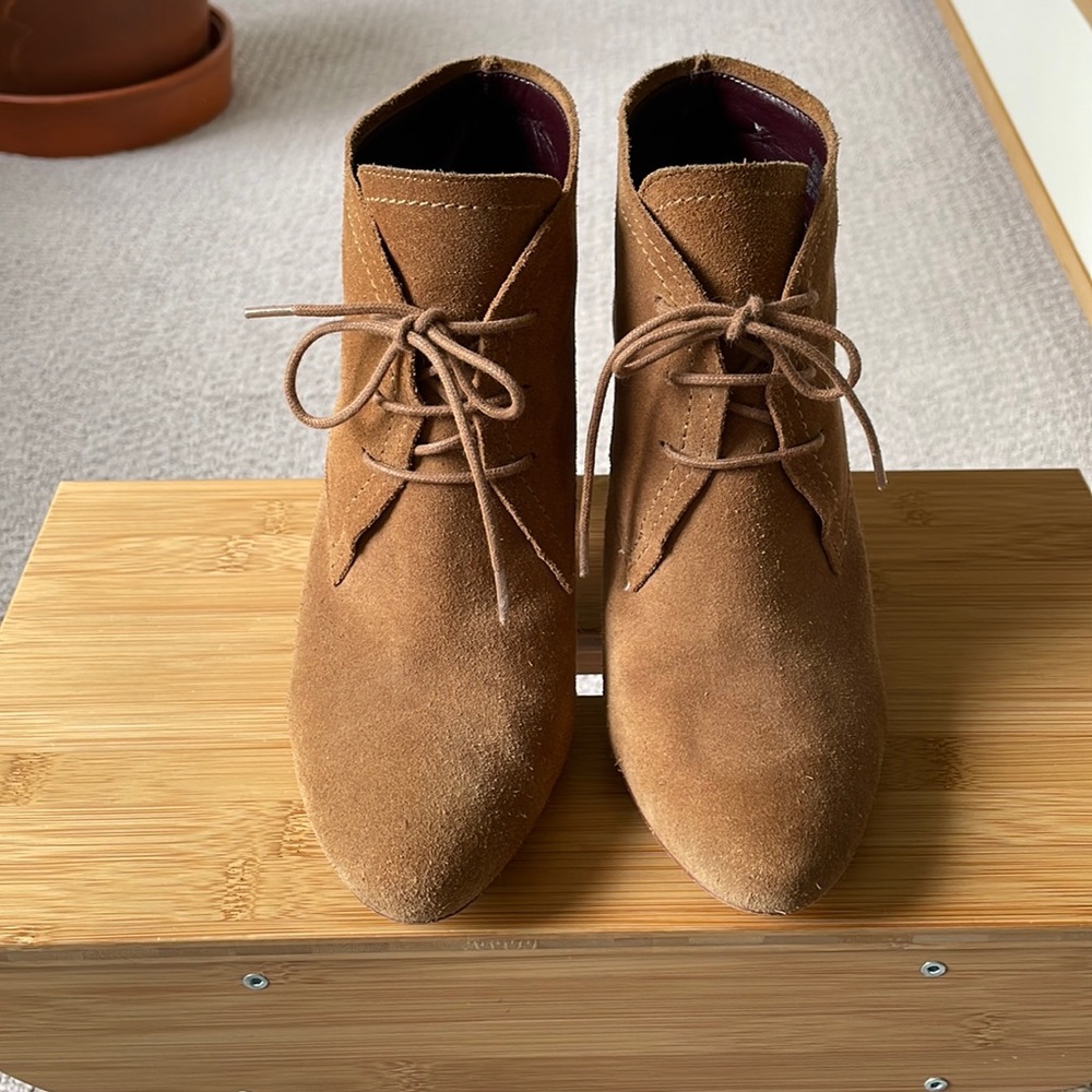 BCBG brown suede lace up ankle boots with block heel
